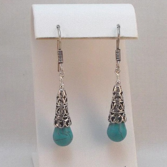 Turquoise and Silver Filigree Drop Dangle Earrings - Picture 2 of 4